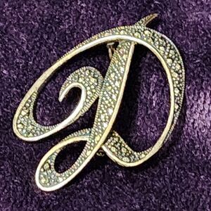 STERLING SILVER CHINA MARCASITE HEMATITE STONES "D" MONOGRAM INITIAL BROOCH 925A